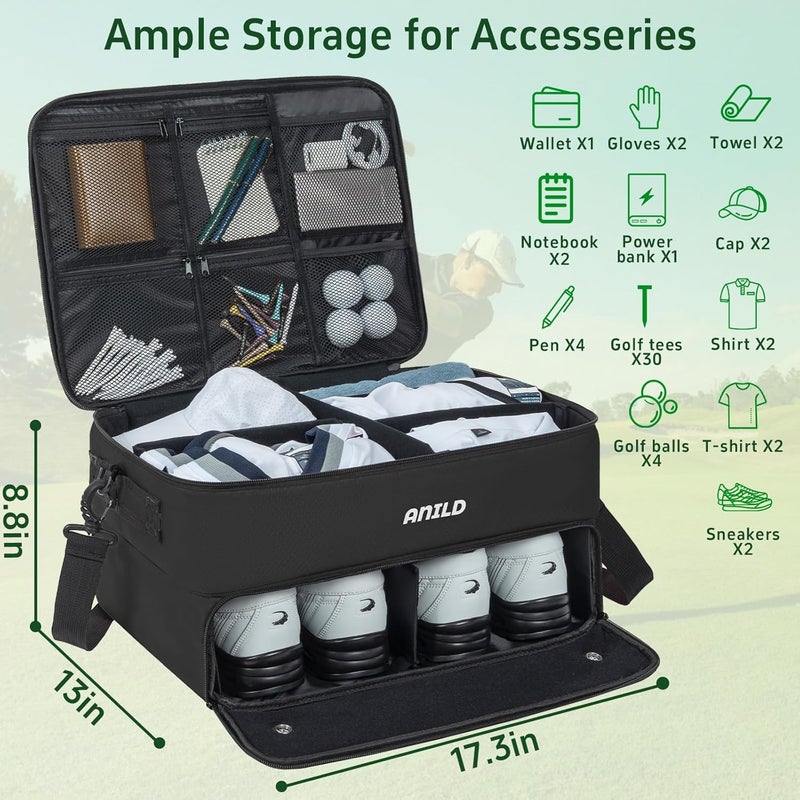 ANILD Golf Trunk Organizer, 2 Layer Golf Storage Case with Separate Ventilated Compartment for 2 Pair Shoes, for Balls, Tees, Clothes, Gloves, Accessories, Golfer Gifts - Image 2